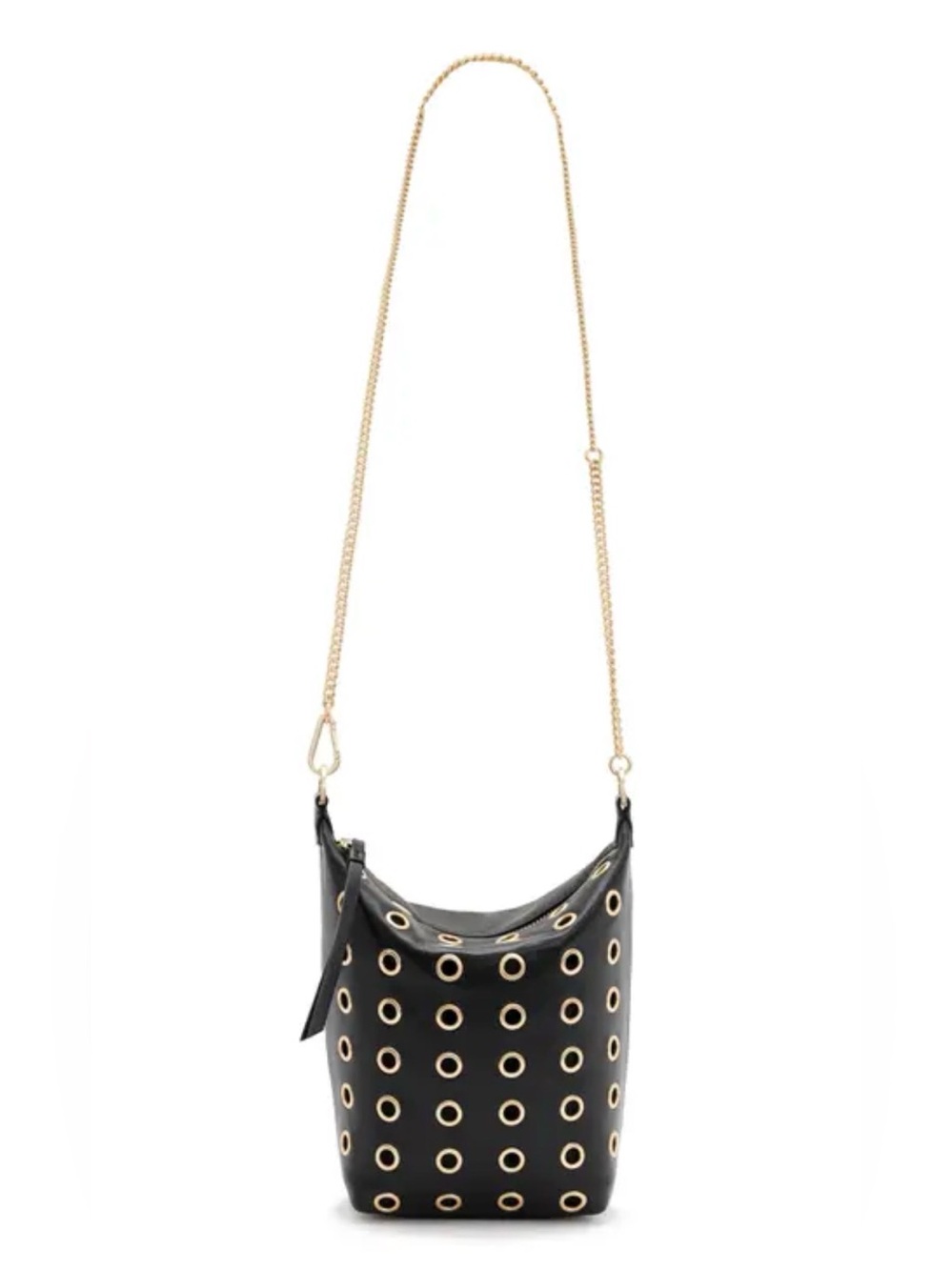 AllSaints Evaline Eyelet Leather Crossbody Bag Black Gold Chain - Picture 2 of 14